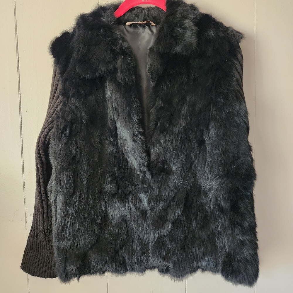 Mojo Genuine Rabbit Fur Jacket Ribbed Knit Sleeves Black M/L Vintage Boho